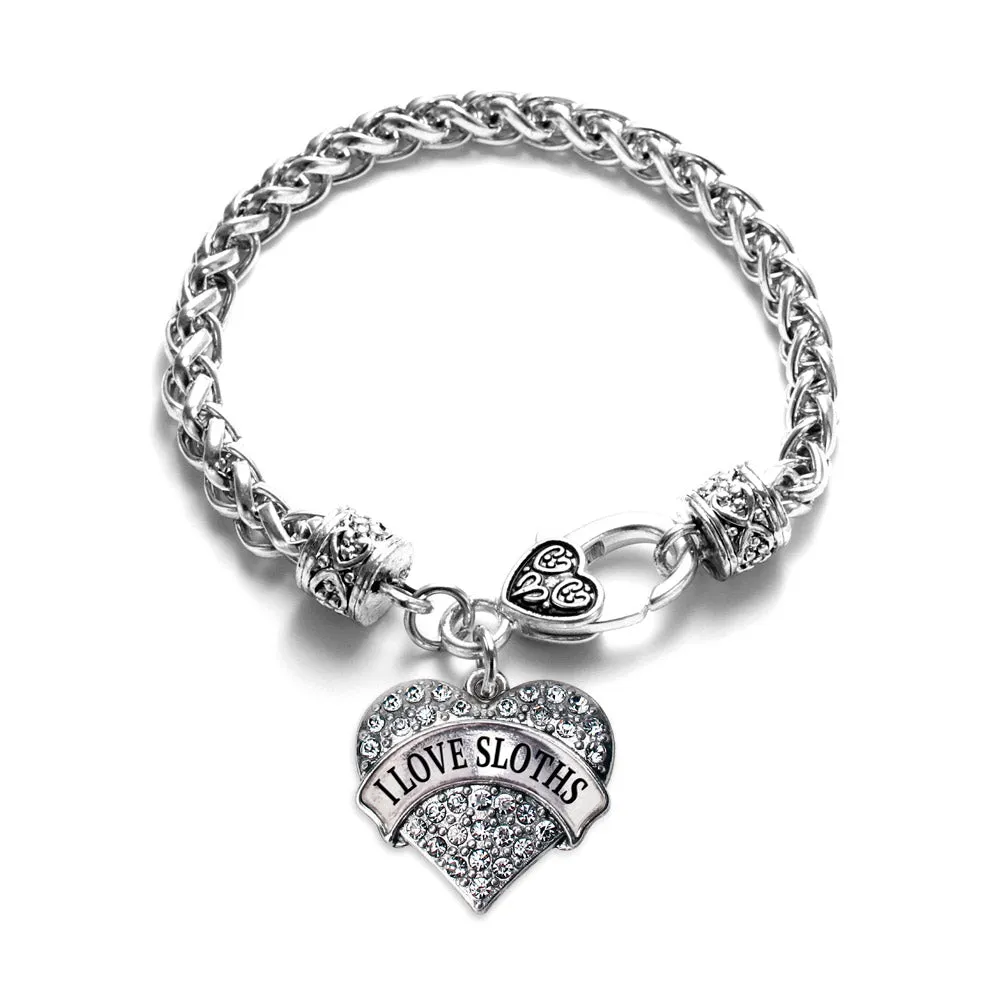 Silver I Love Sloths Pave Heart Charm Braided Bracelet