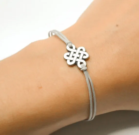 Silver infinity bracelet for her, gray cord, customised jewelry, endless knot charm