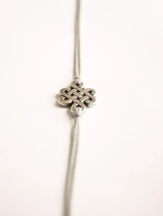 Silver infinity bracelet for her, gray cord, customised jewelry, endless knot charm