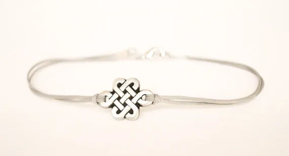 Silver infinity bracelet for her, gray cord, customised jewelry, endless knot charm