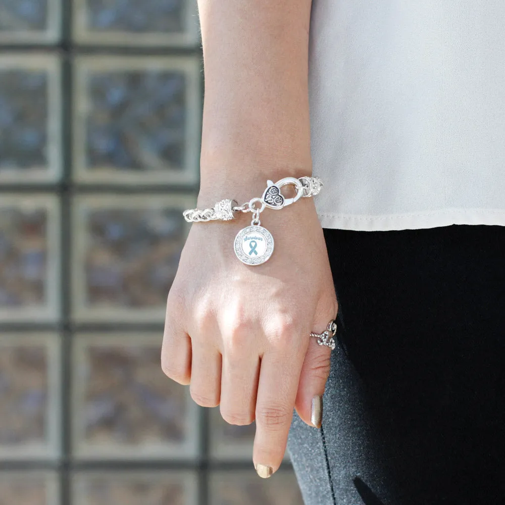 Silver Light Blue Ribbon Survivor Circle Charm Braided Bracelet