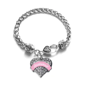 Silver Light Pink Bridesmaid Pave Heart Charm Braided Bracelet