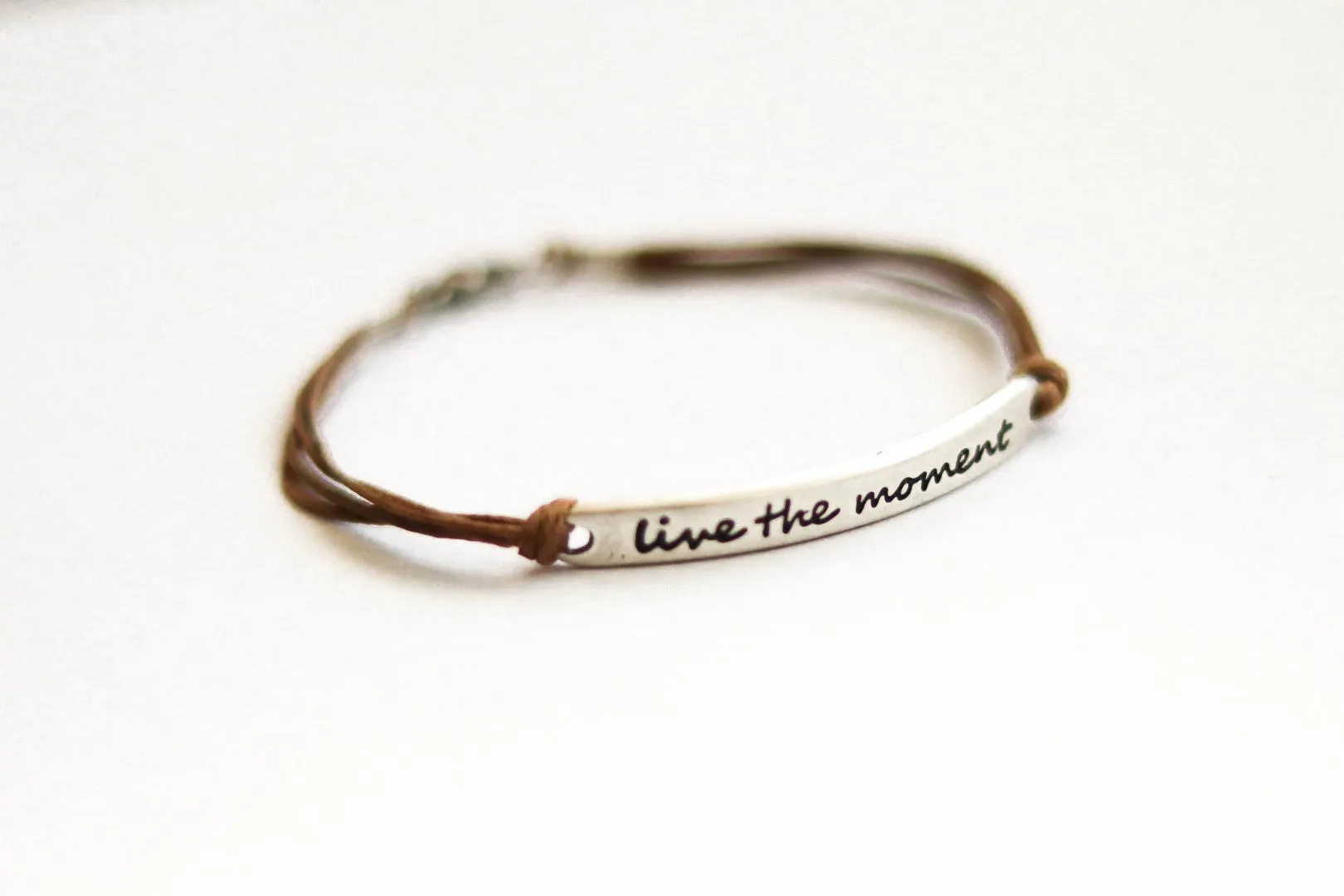 Silver 'Live the moment' bracelet for men, brown cord, gift for him, handmade