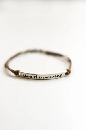 Silver 'Live the moment' bracelet for men, brown cord, gift for him, handmade