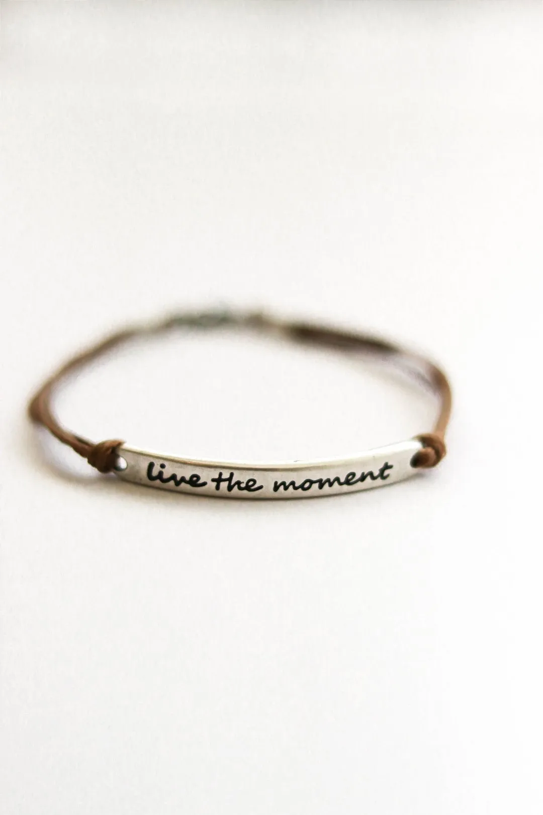 Silver 'Live the moment' bracelet for men, brown cord, gift for him, handmade