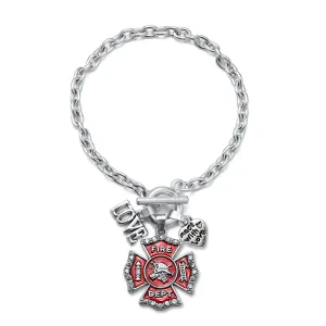 Silver Love Firefighter Badge Charm Toggle Bracelet