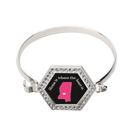 Silver Mississippi State Heart Hexagon Charm Bangle Bracelet