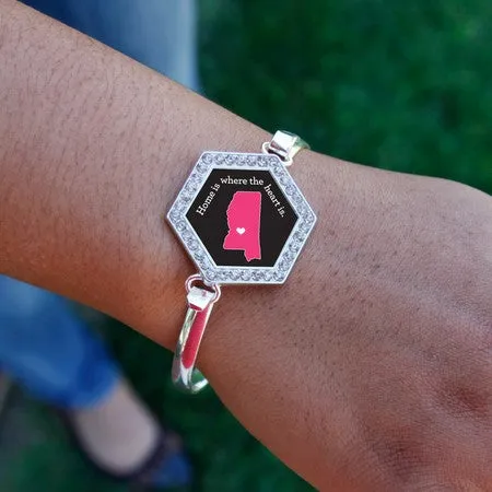 Silver Mississippi State Heart Hexagon Charm Bangle Bracelet