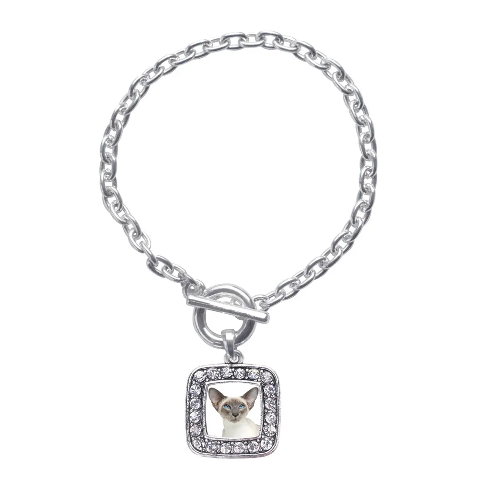 Silver Oriental Cat Square Charm Toggle Bracelet