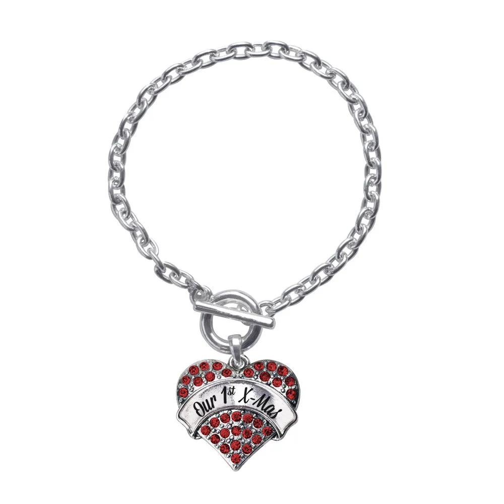 Silver Our 1st X-Mas Red Red Pave Heart Charm Toggle Bracelet