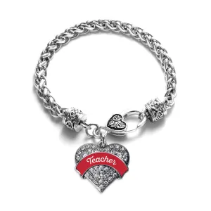 Silver Red Teacher Pave Heart Charm Braided Bracelet