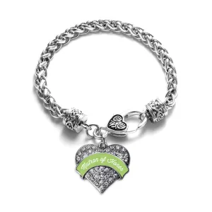 Silver Sage Green Matron Pave Heart Charm Braided Bracelet