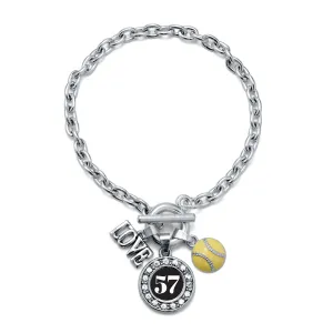 Silver Softball - Sports Number 57 Circle Charm Toggle Bracelet