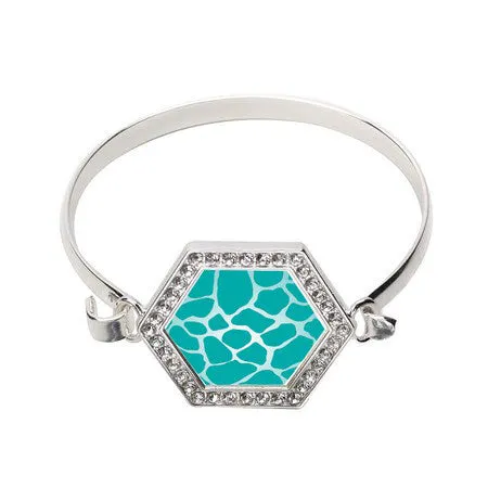 Silver Teal Giraffe Print Hexagon Charm Bangle Bracelet