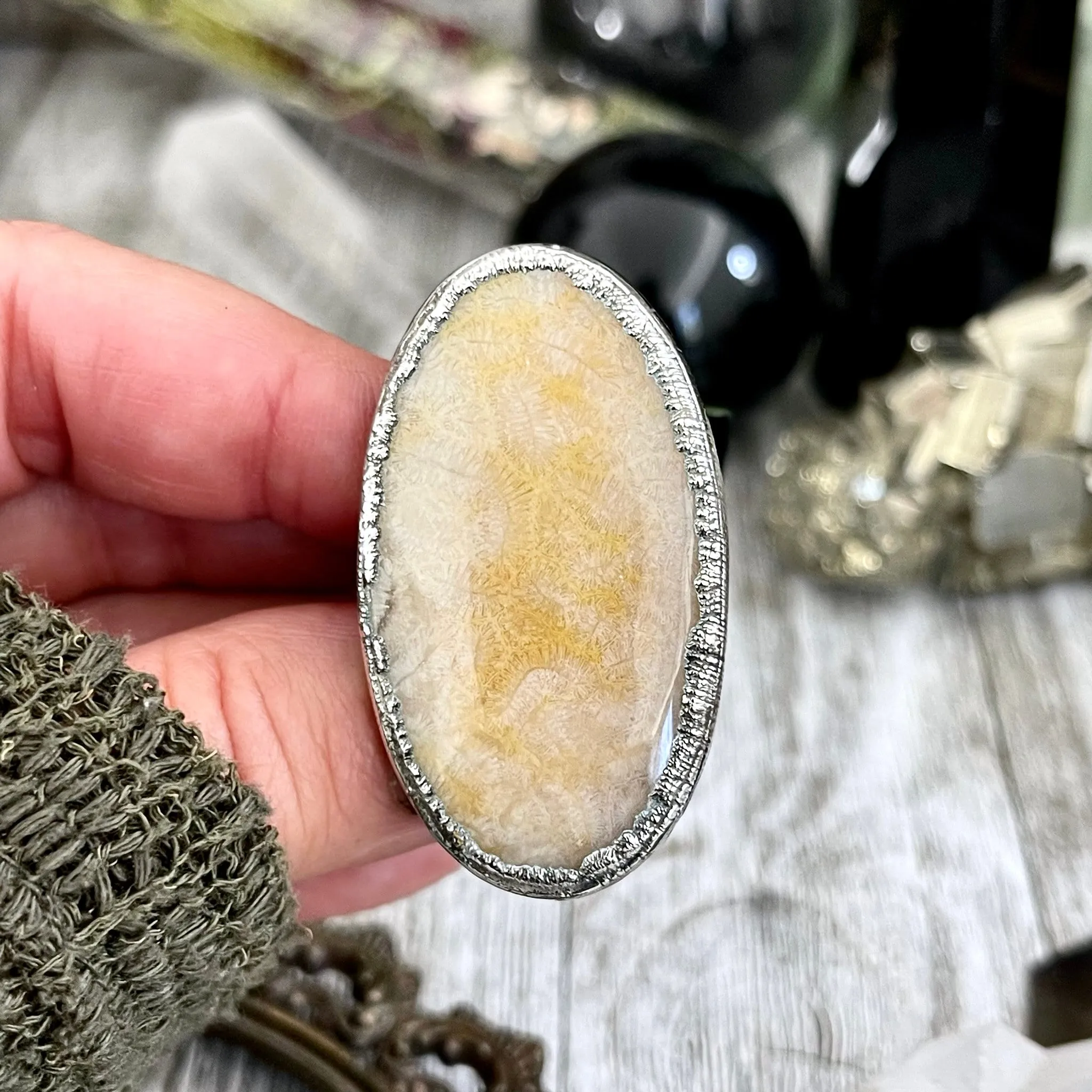 Size 8.5 Big Fossilized Coral Silver Statement Ring in Fine Silver / Foxlark Collection - One of a Kind