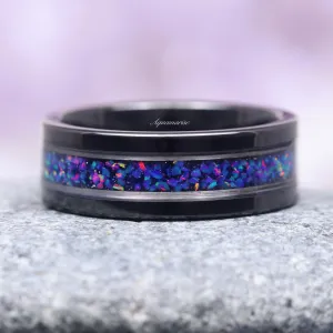 Starry Night & Blue Fire Opal Wedding Band-  8MM Black Tungsten