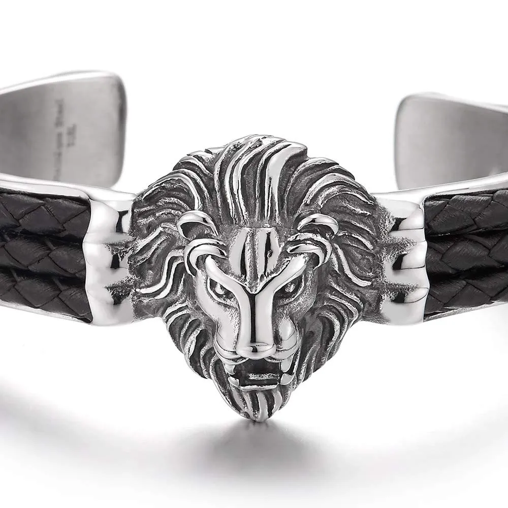 Steel Lion Head Cuff Bangle Bracelet Inlaid with Black Braided Leather for Man, Silver Black