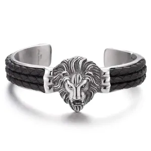 Steel Lion Head Cuff Bangle Bracelet Inlaid with Black Braided Leather for Man, Silver Black