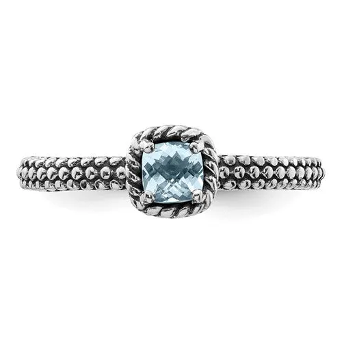 Sterling Silver Stackable Expressions Checker-Cut Light Aquamarine Antiqued Ring