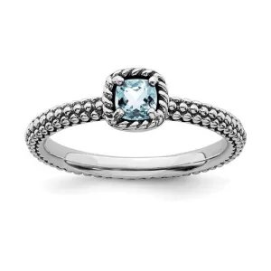 Sterling Silver Stackable Expressions Checker-Cut Light Aquamarine Antiqued Ring