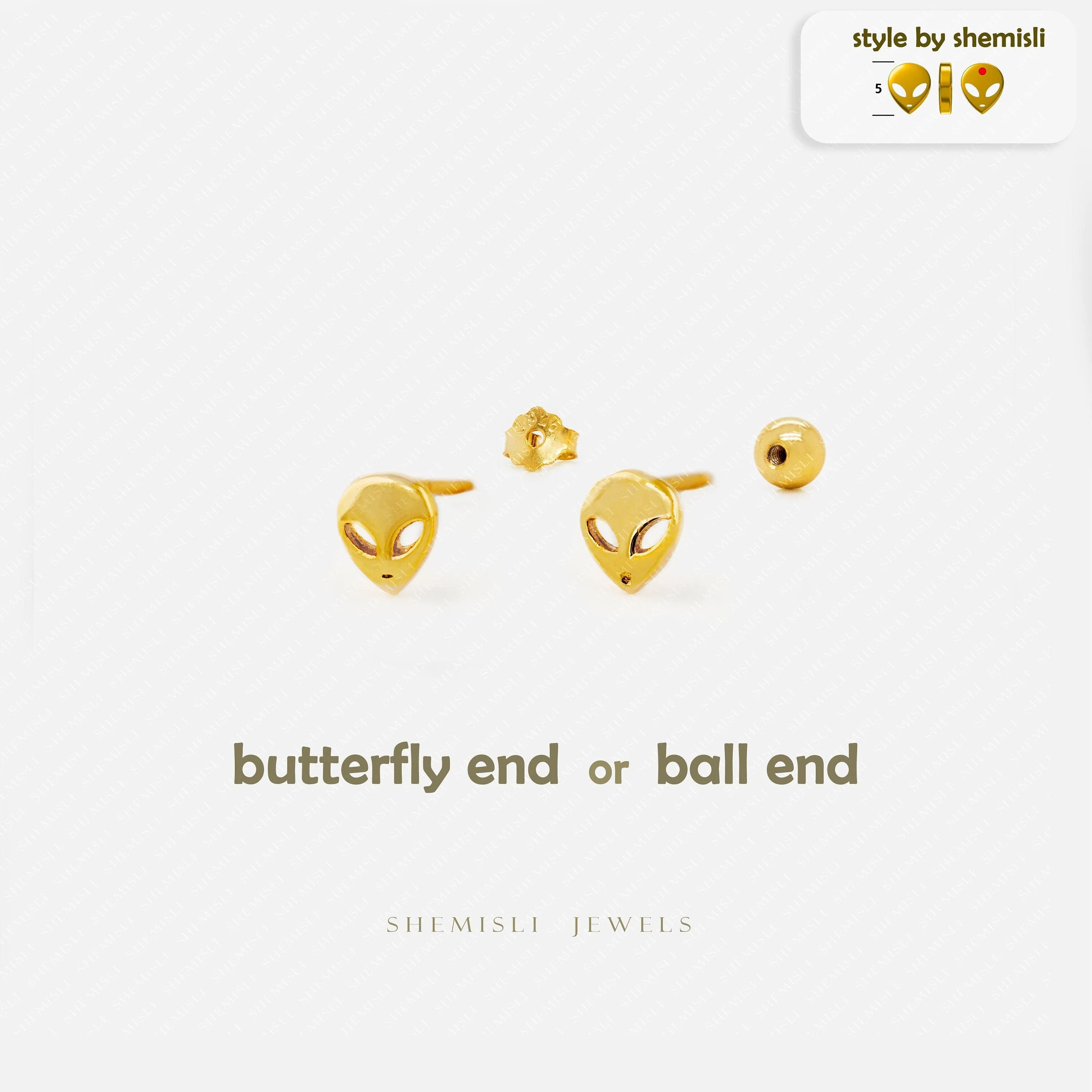 Tiny Alien Studs Earrings, Unisex, Gold, Silver SHEMISLI SS837 Butterfly End, SS838 Screw Ball End (Type A)