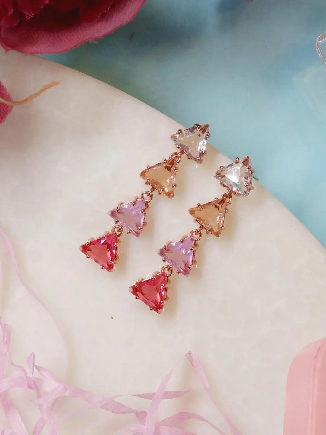 Triangle 4 Tiered Pastel Earrings Pink