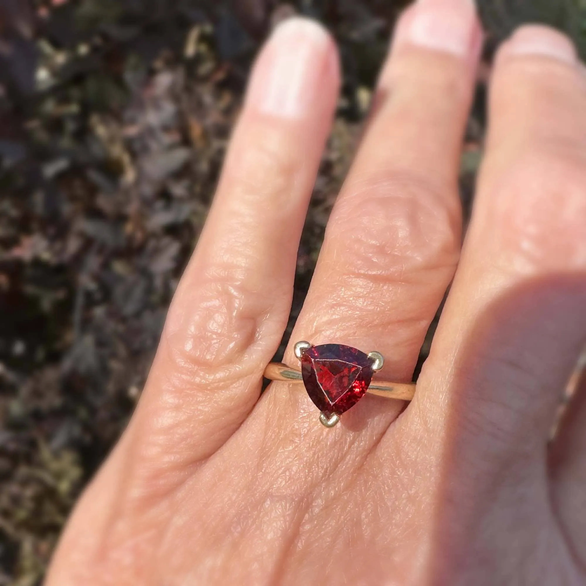 Vintage 14K Gold Solitaire Trillion Cut Garnet Ring