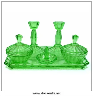 Vintage 1930's Green Glass Art Deco Dressing Table Set.