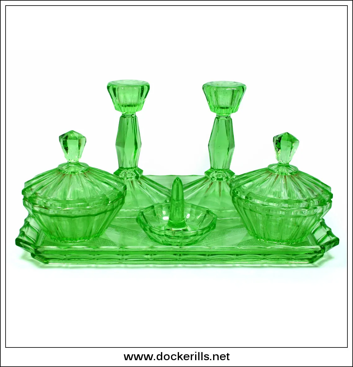 Vintage 1930's Green Glass Art Deco Dressing Table Set.