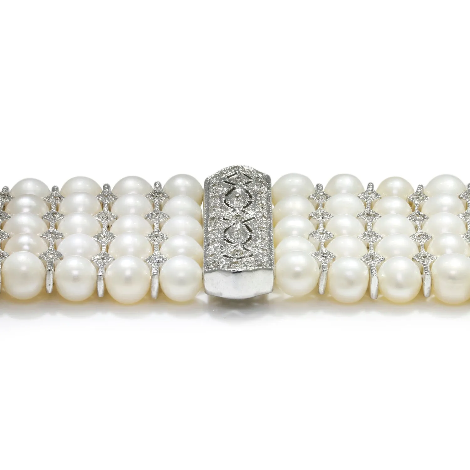 Vintage Multi-Row Pearl Bracelet with Diamonds 18K White Gold