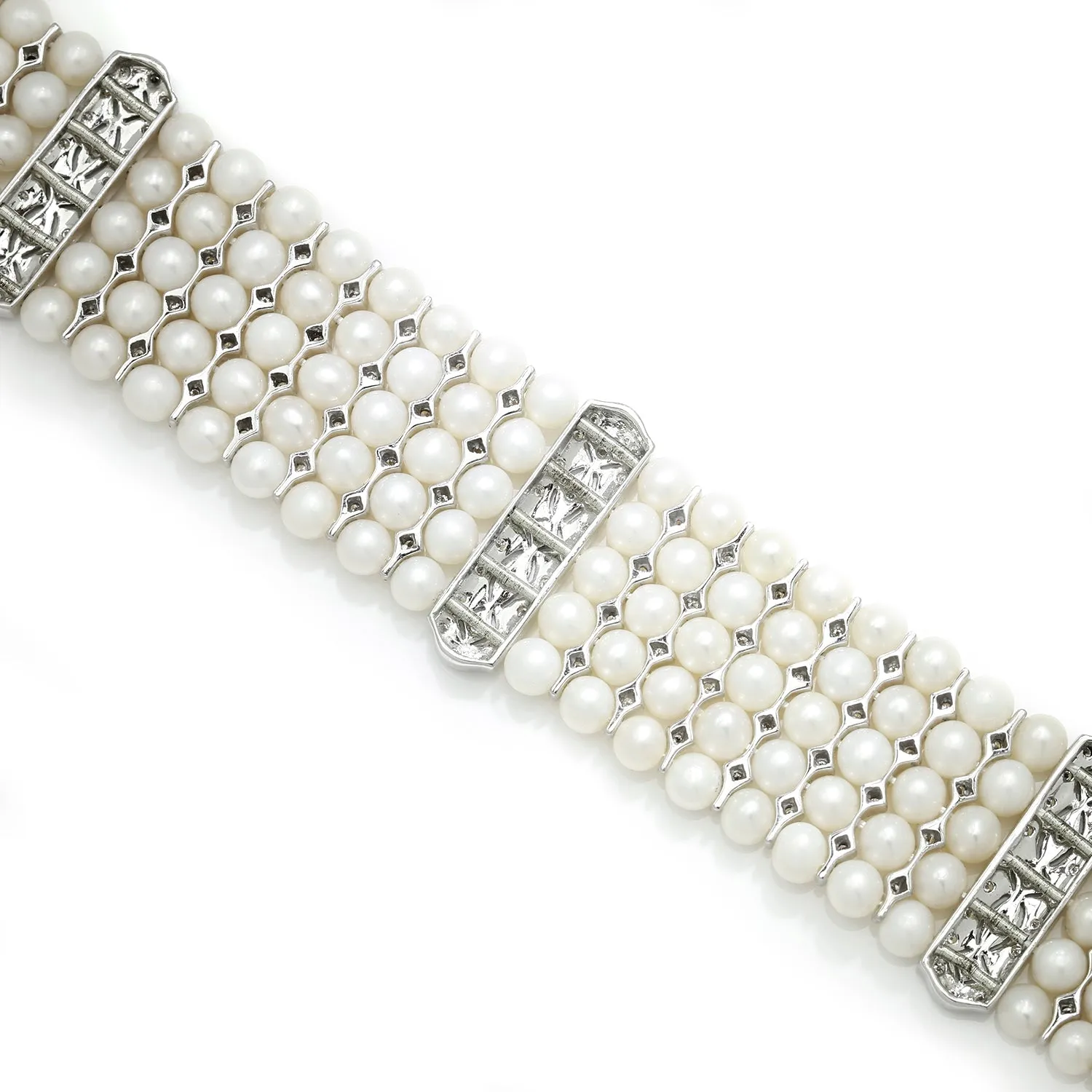 Vintage Multi-Row Pearl Bracelet with Diamonds 18K White Gold