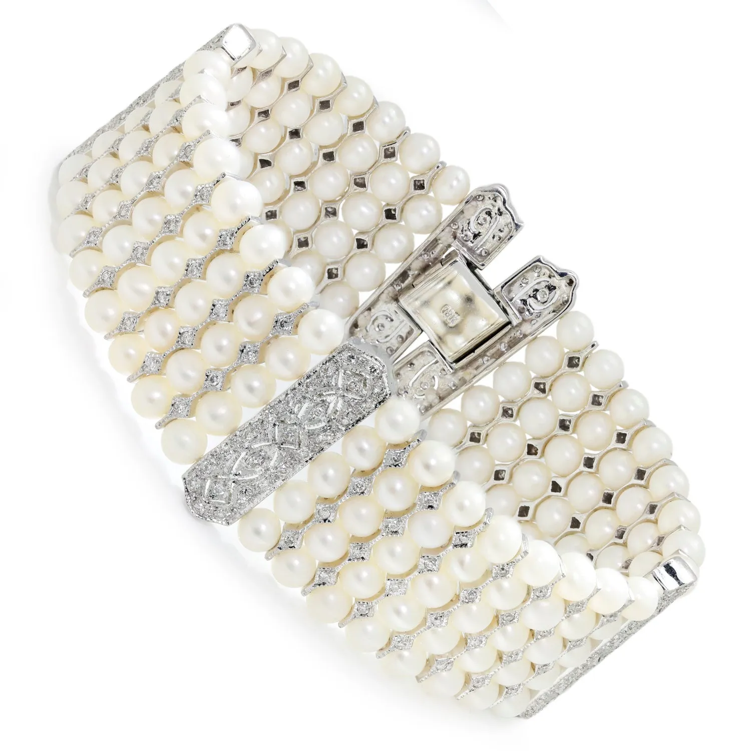 Vintage Multi-Row Pearl Bracelet with Diamonds 18K White Gold