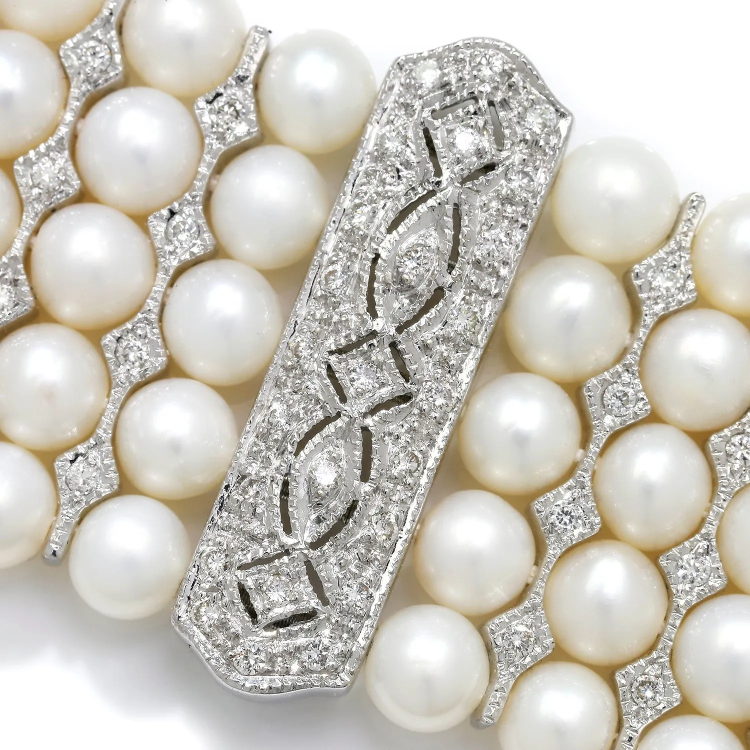 Vintage Multi-Row Pearl Bracelet with Diamonds 18K White Gold