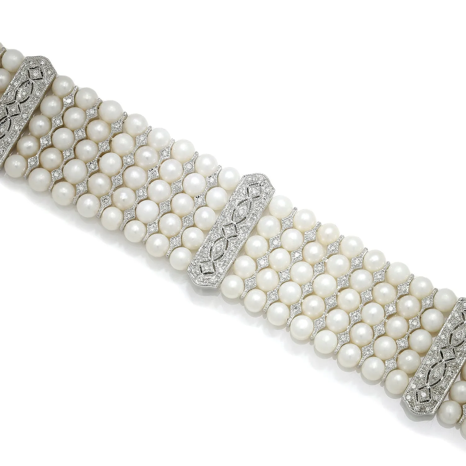 Vintage Multi-Row Pearl Bracelet with Diamonds 18K White Gold