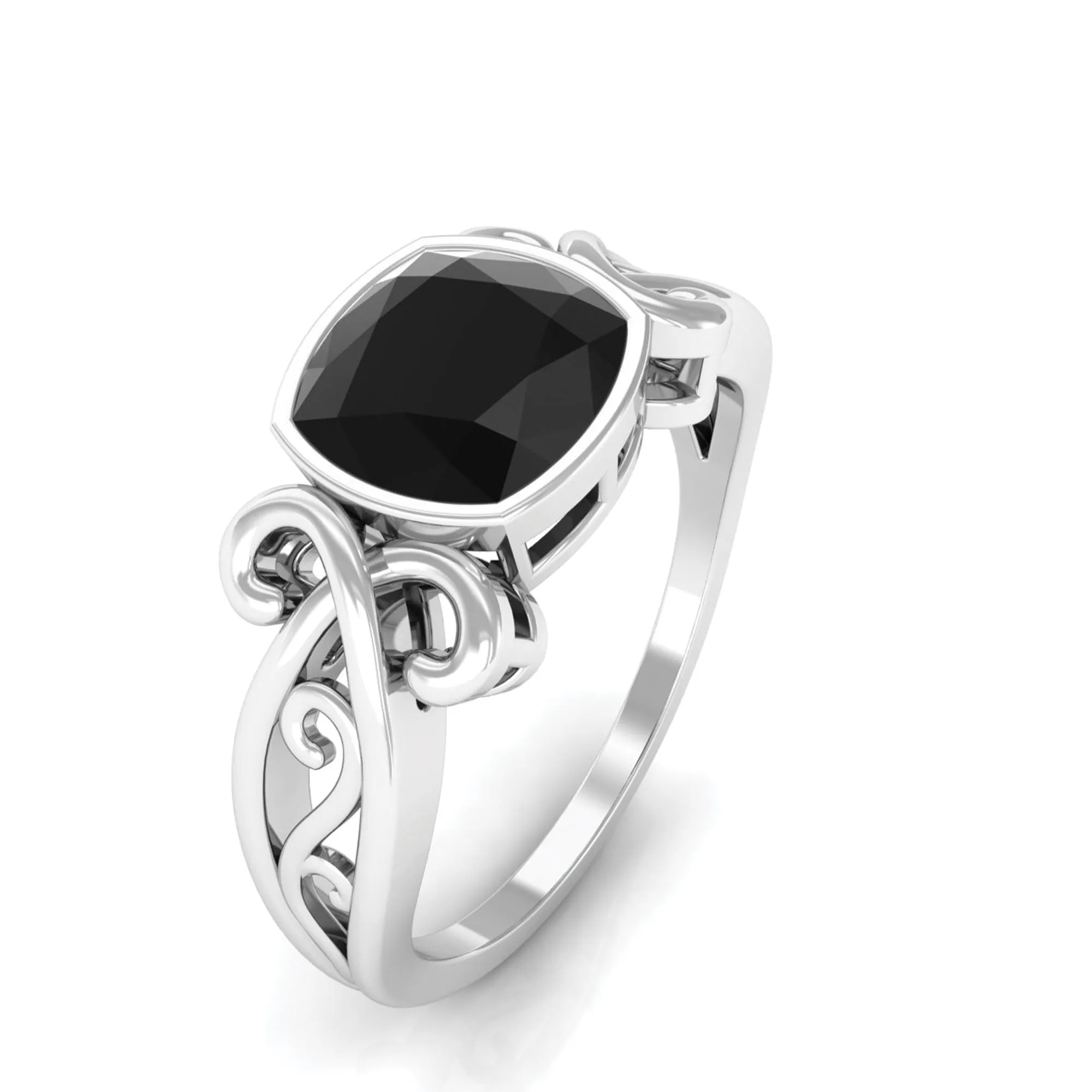 Vintage Style Cushion Black Onyx Solitaire Ring in Bezel Setting