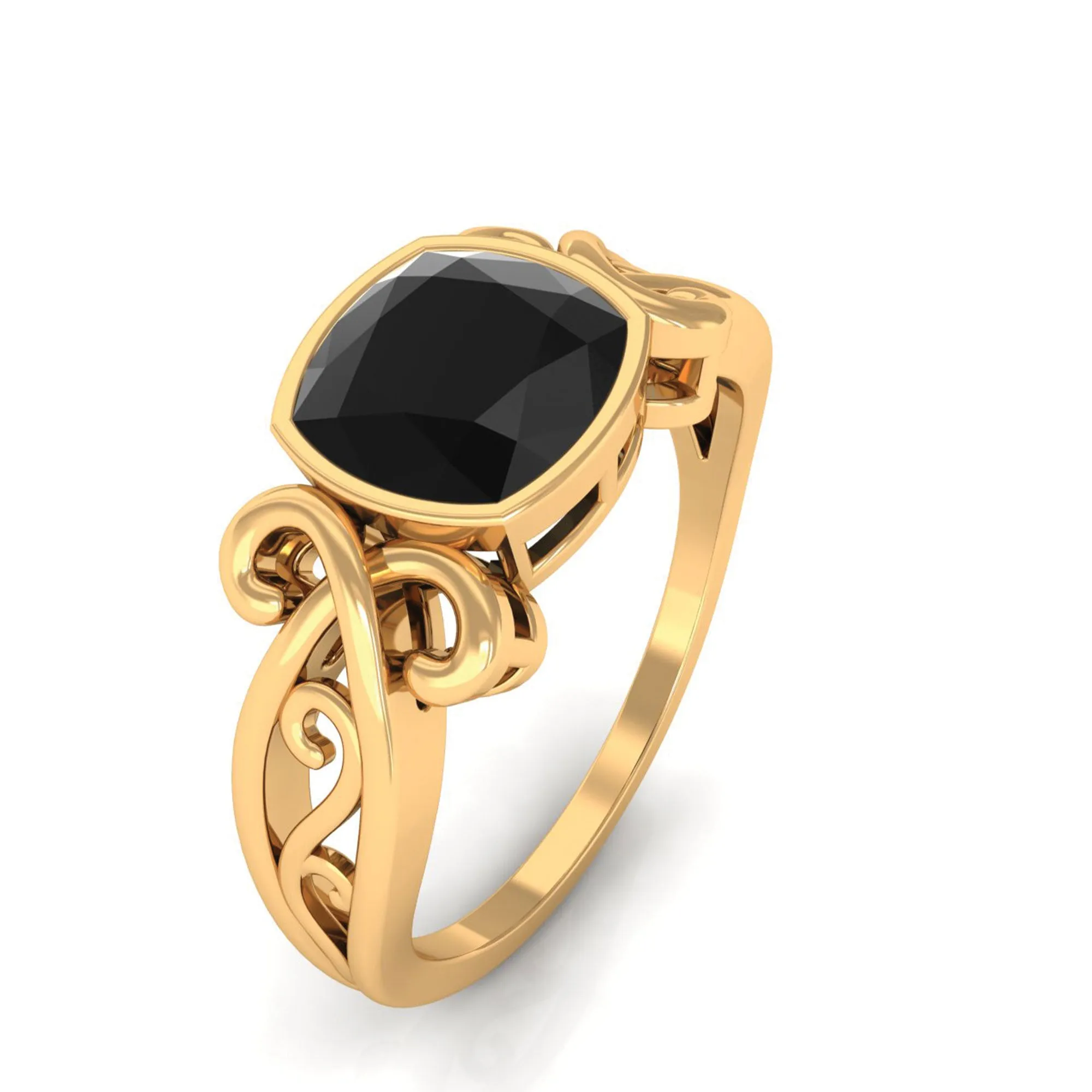 Vintage Style Cushion Black Onyx Solitaire Ring in Bezel Setting