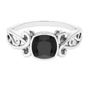 Vintage Style Cushion Black Onyx Solitaire Ring in Bezel Setting