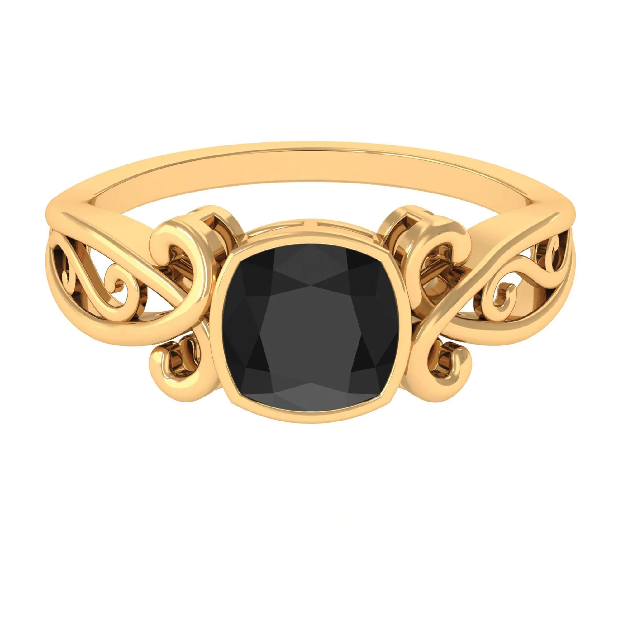 Vintage Style Cushion Black Onyx Solitaire Ring in Bezel Setting