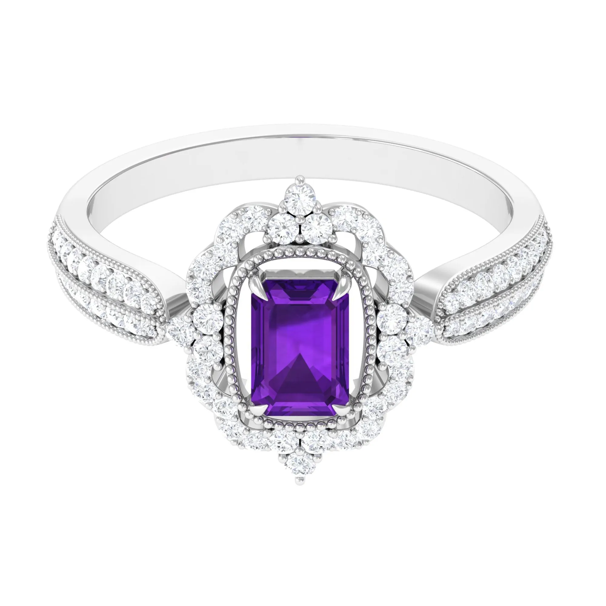 Vintage Style Octagon Amethyst Engagement Ring with Diamond Floral Halo