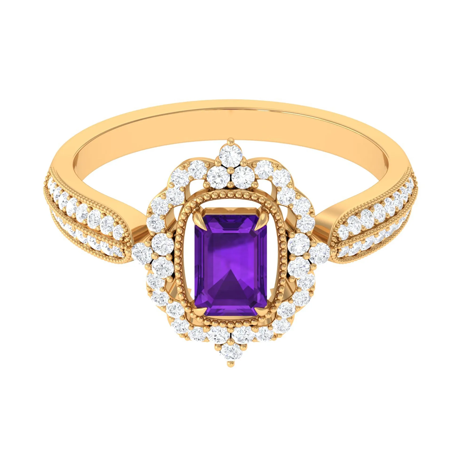 Vintage Style Octagon Amethyst Engagement Ring with Diamond Floral Halo