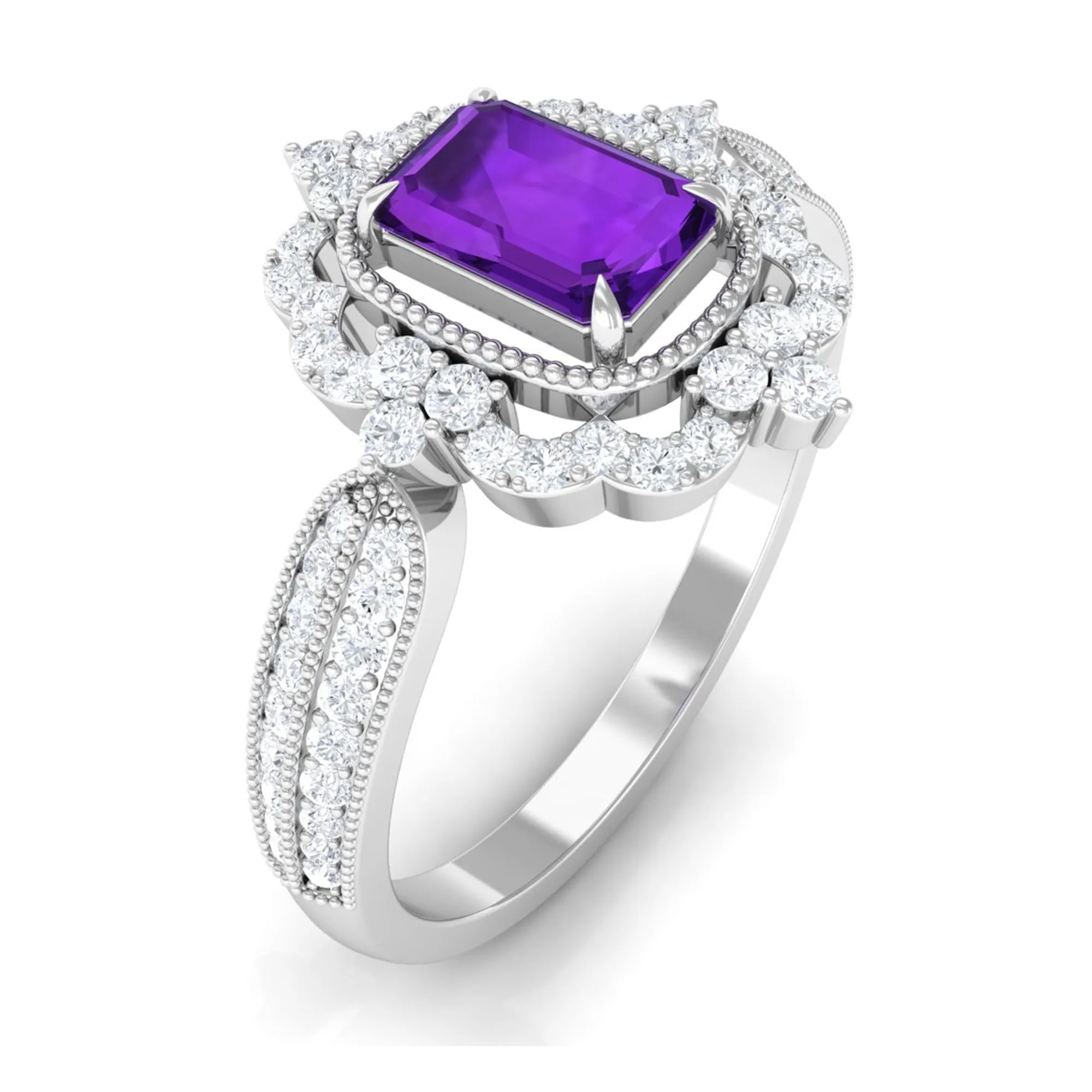 Vintage Style Octagon Amethyst Engagement Ring with Diamond Floral Halo