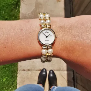 Vintage Women's Lucoral Gold Plated Quartz Watch With A Pearl Bracelet