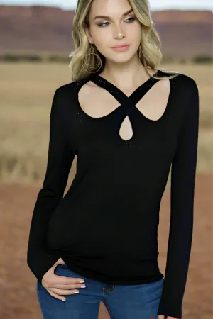 Vocal X Cut Out Top with Black Rhinestones - Black