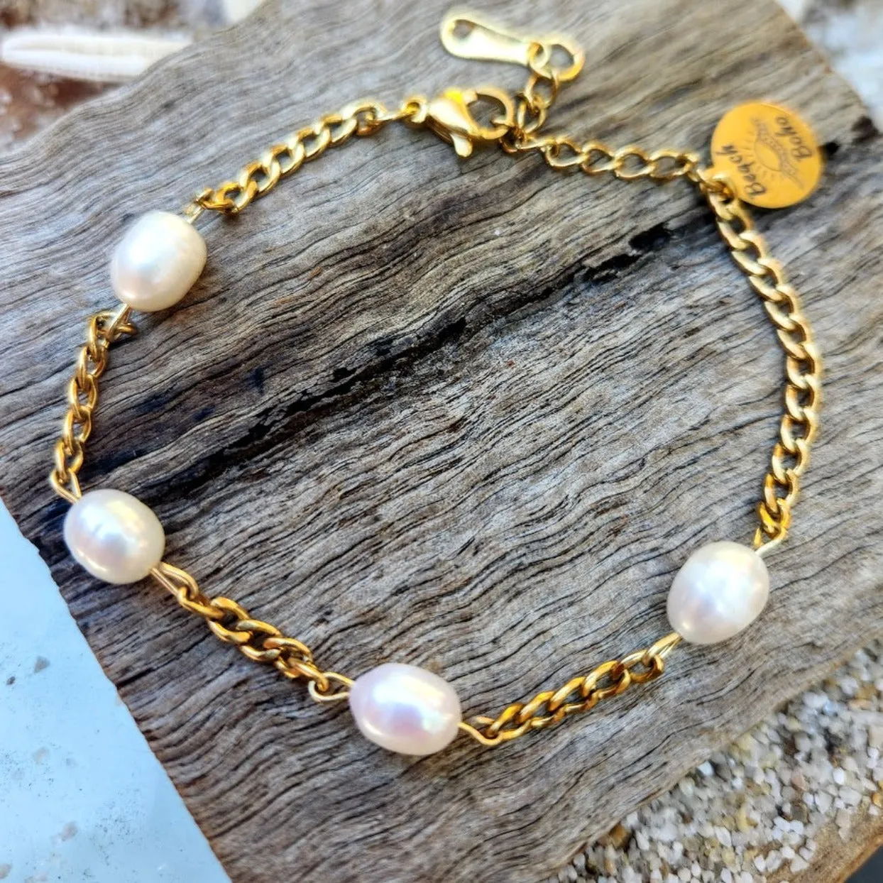 WHITE BAROQUE PEARL CHAIN WATERPROOF 18K GOLD BRACELET