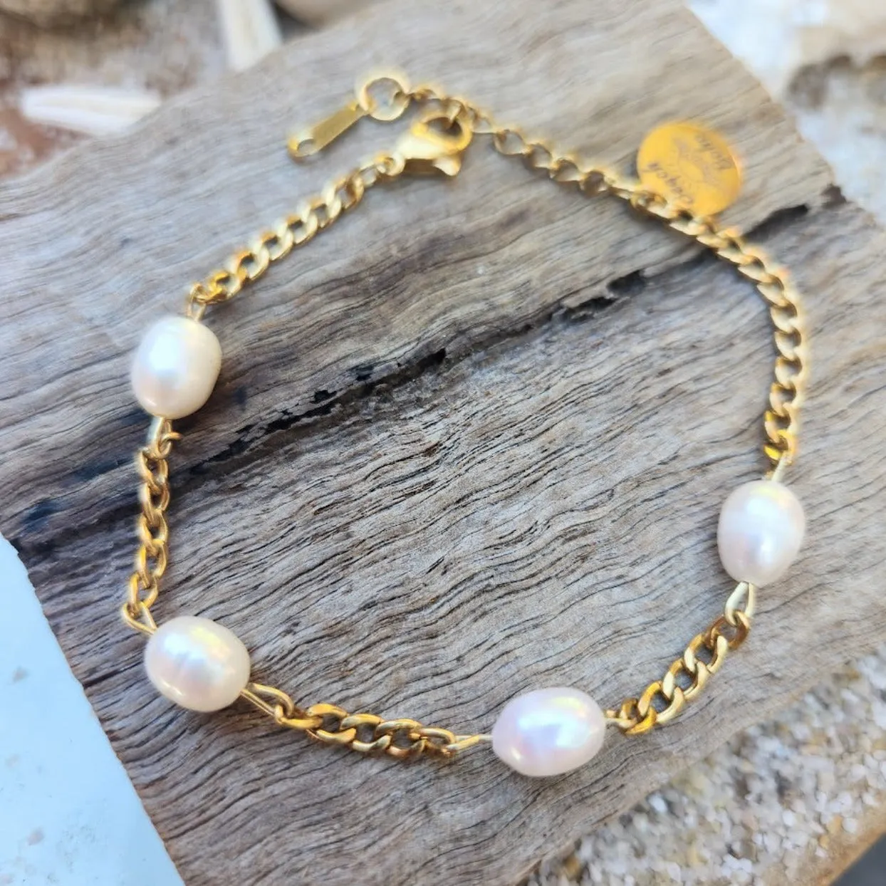 WHITE BAROQUE PEARL CHAIN WATERPROOF 18K GOLD BRACELET