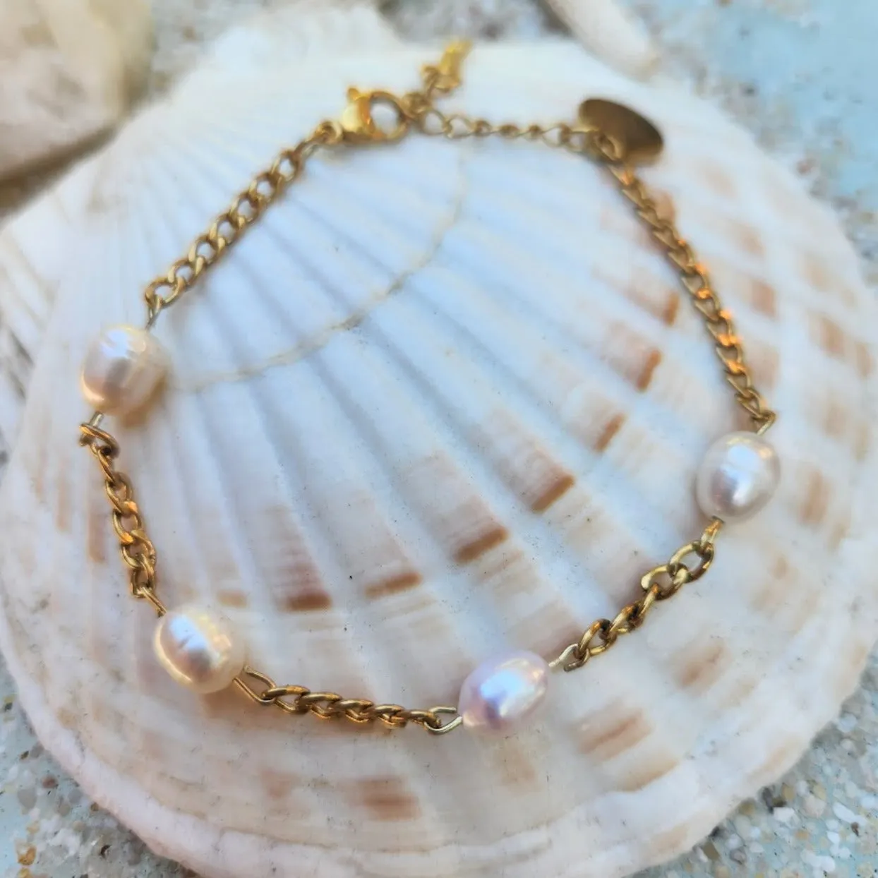 WHITE BAROQUE PEARL CHAIN WATERPROOF 18K GOLD BRACELET