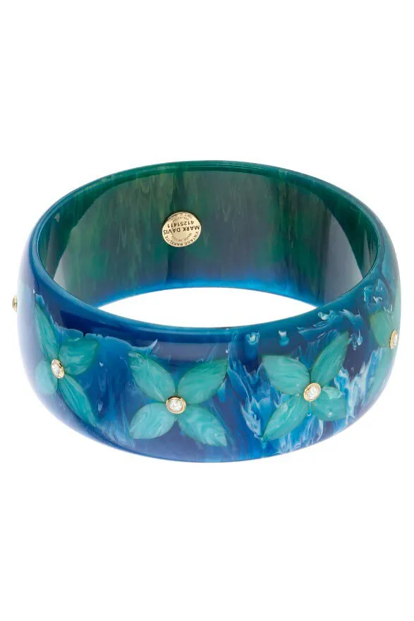 White topaz Blue Floral Bakelite Bangle