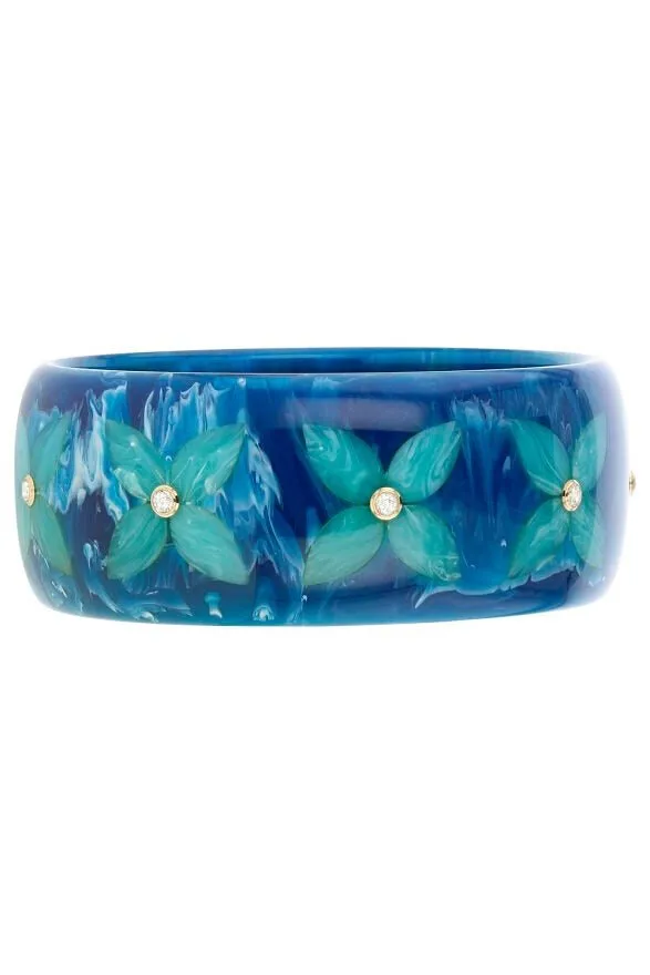 White topaz Blue Floral Bakelite Bangle